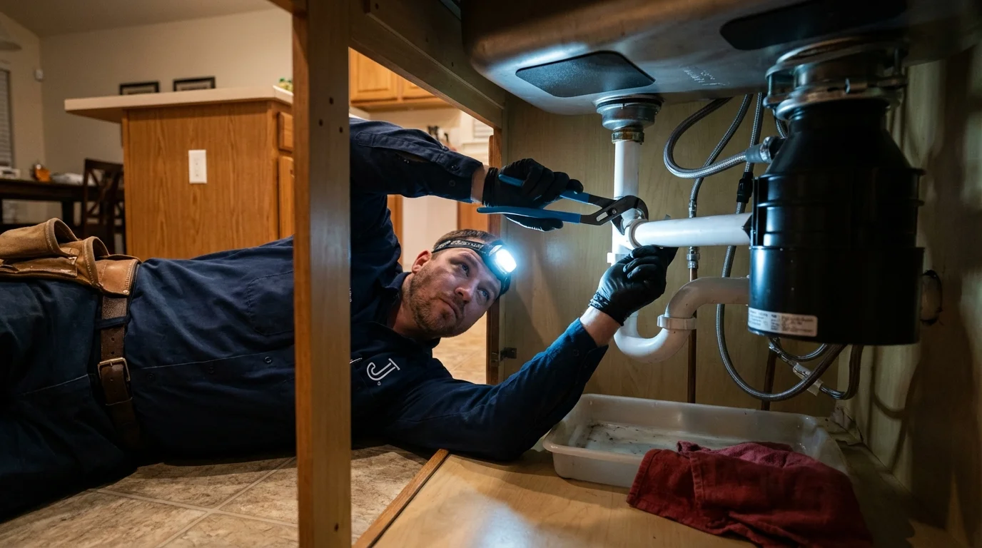 P-trap and supply line connections under a kitchen sink showing a common leak point in Cedar Falls, IA